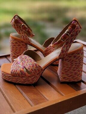 Marc Fisher LTD Janie Multicolor Woven Platform Block Heel Sandals Sz 7.5